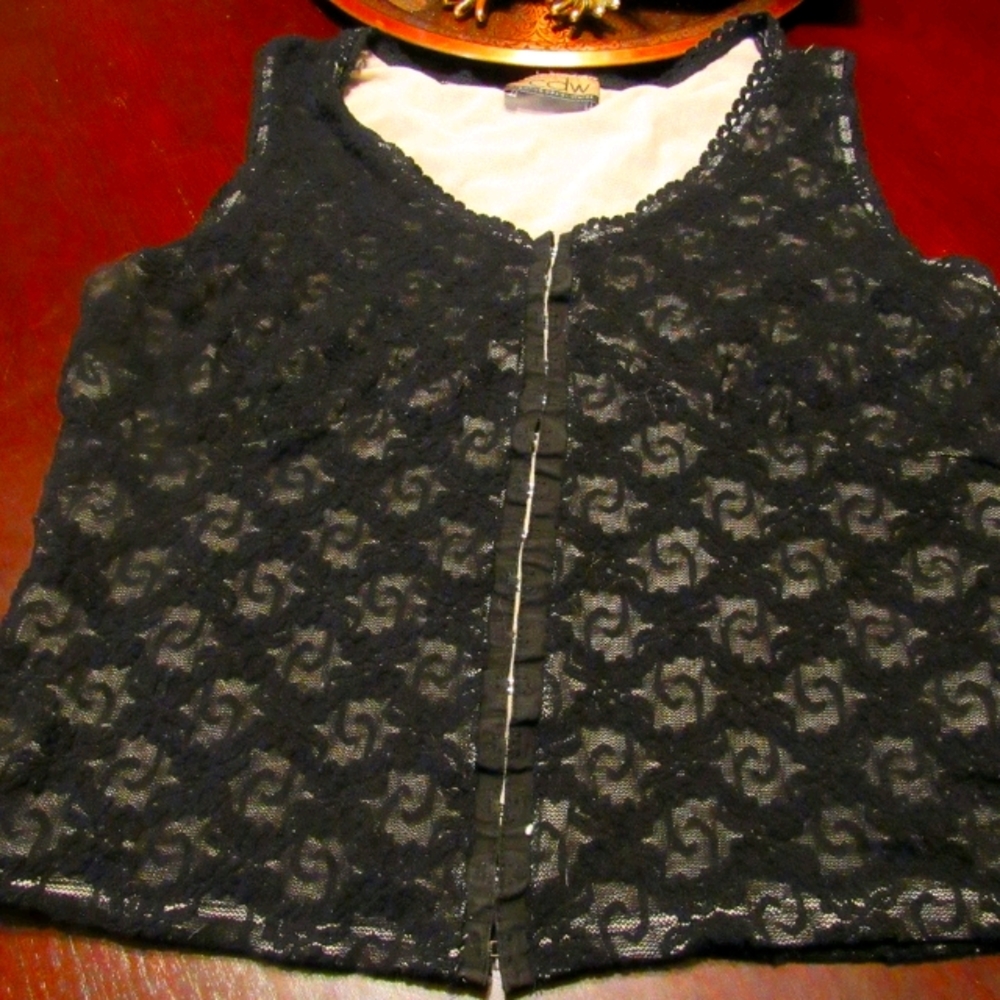 🦇🌹🦇 Beautiful Vtg 90's Gothic Black Lace Rosette Corset Cami Tank Top - MJ